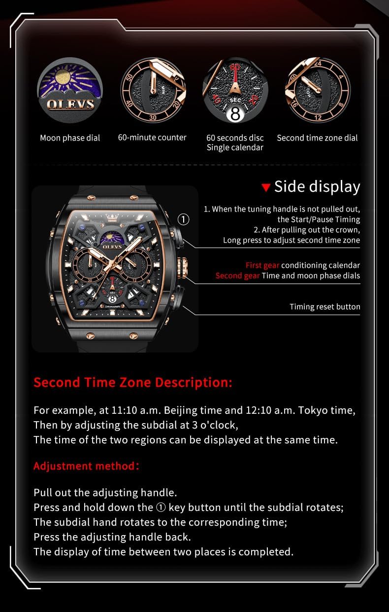 HOTOLEVS Watch Men Luxury Casual Square Skeleton Chronograph Watches