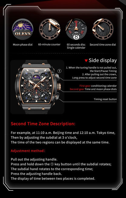 HOTOLEVS Watch Men Luxury Casual Square Skeleton Chronograph Watches