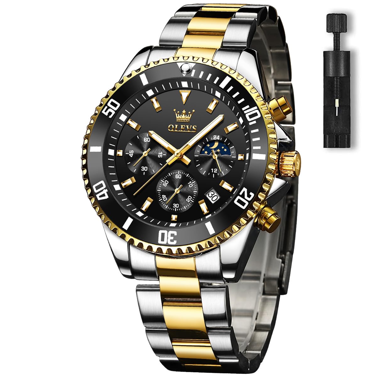 HOTOLEVS Men's Watches with Date, Premium Gold and Silver Stainless Steel Analog Watches for Men, Classic Rotatable Bezel Men's Cuff Watches, Blue/Green/Black Dial