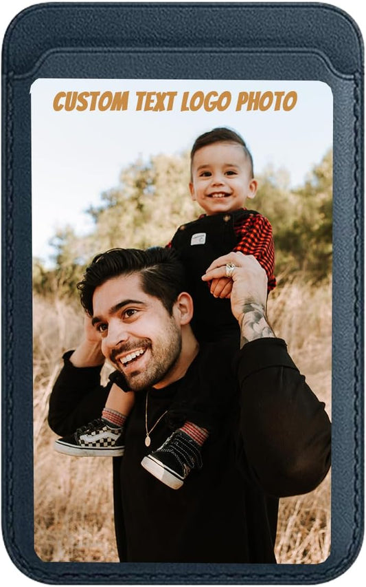 HOTCustom Leather Wallet for iPhone 16/15/14/13/12 Pro/Max/Plus/Mini Phone & Magnetic Case, Customizable Photo Text Words DIY Gift for Mens Ladies,RFID Card Holder with MagSafe Magnet Closure,Navy