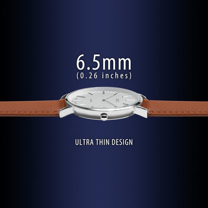 HOTInfantry MDC Mens Minimalist Dress Watch, Ultra Thin, Leather Band | 6.5mm Slim Case, Japanese Quartz, Business Casual Style, Easy Read Big Face, Gift Box for Him