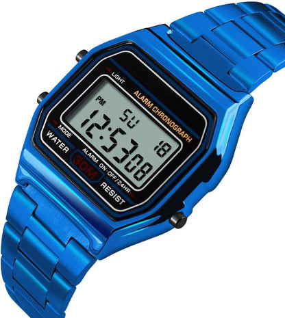 HOTPASOY Men's Digital Gold Stainless Steel Watch Backlit Multifunction Stopwatch Waterproof Sport Watches