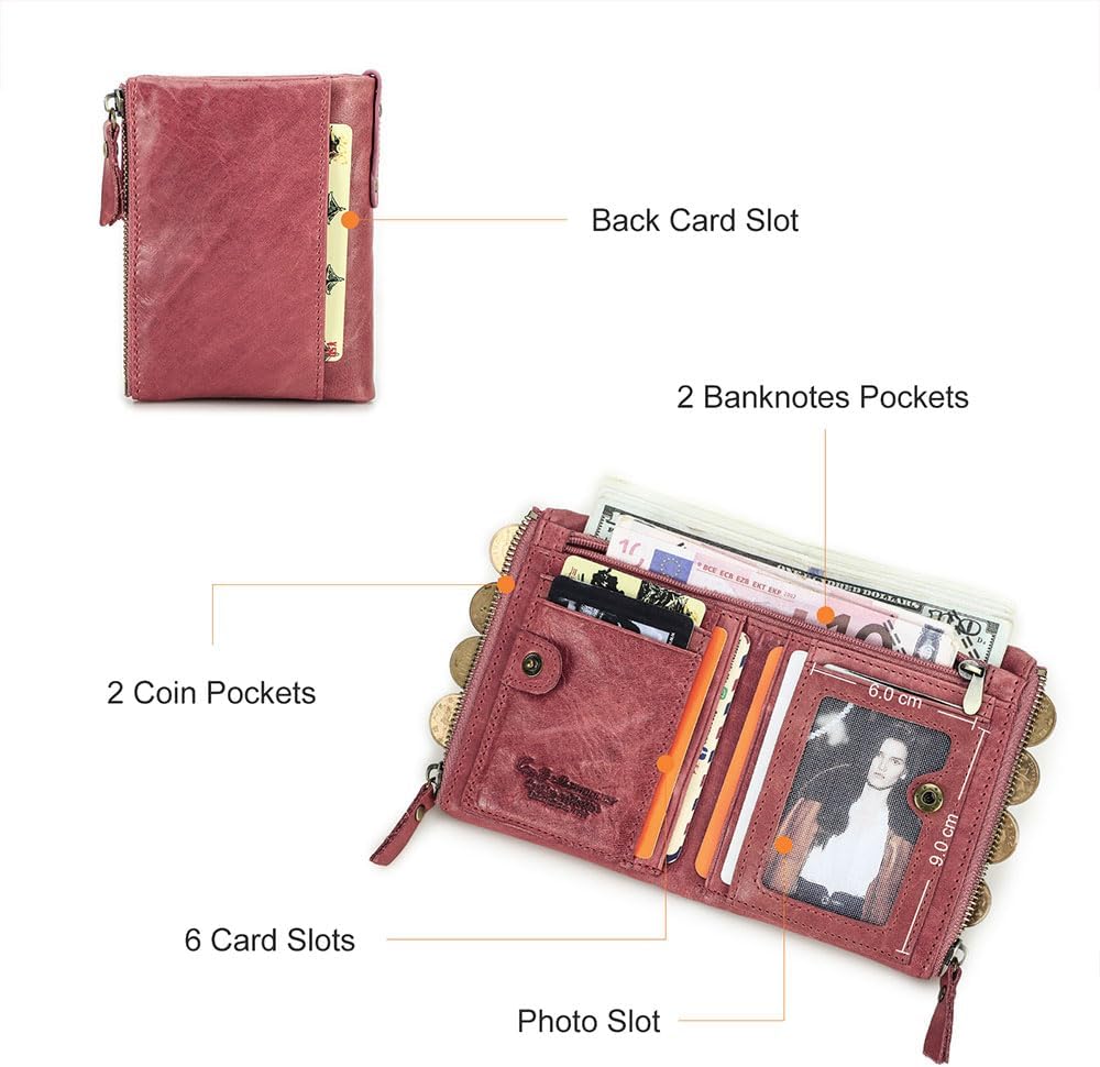 HOTCONTACTS Soft Leather Wallet for Women Small Bifold Coin Purse Double Zipper Card Holder with RFID Blocking (Rose Tan)
