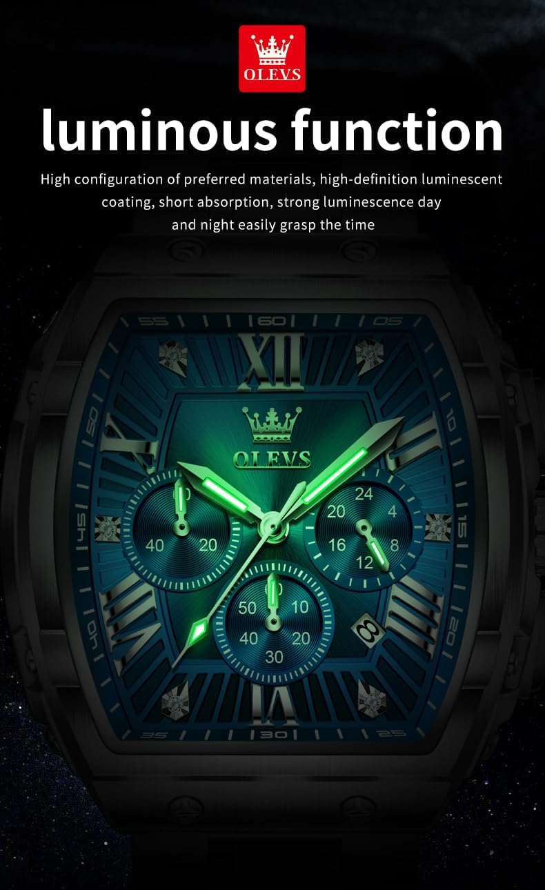 HOTOLEVS Mens Watches Analog Quartz Chronograph Square Dress Watch for Man Stainless Steel or Leather Band Waterproof Luminous Date Male Watch