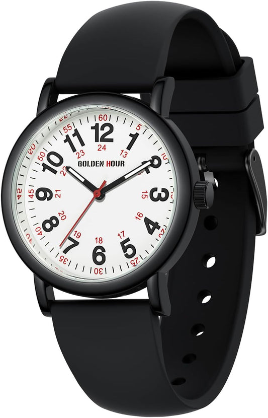 HOTGOLDEN HOUR Waterproof Nurse Watch for Medical Professionals, Students Women Men - Military Time Luminouse Easy Read Dial, 24 Hour with Second Hand, Colorful Silicone Band