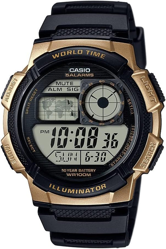 HOTCasio AE1000W Series | Men’s Digital Watch | 100M WR | Multi Alarms | 100 SEC Stopwatch | Countdown Timer | World Map for World Time | LED Light | LC Analog Display | 10 Year Battery