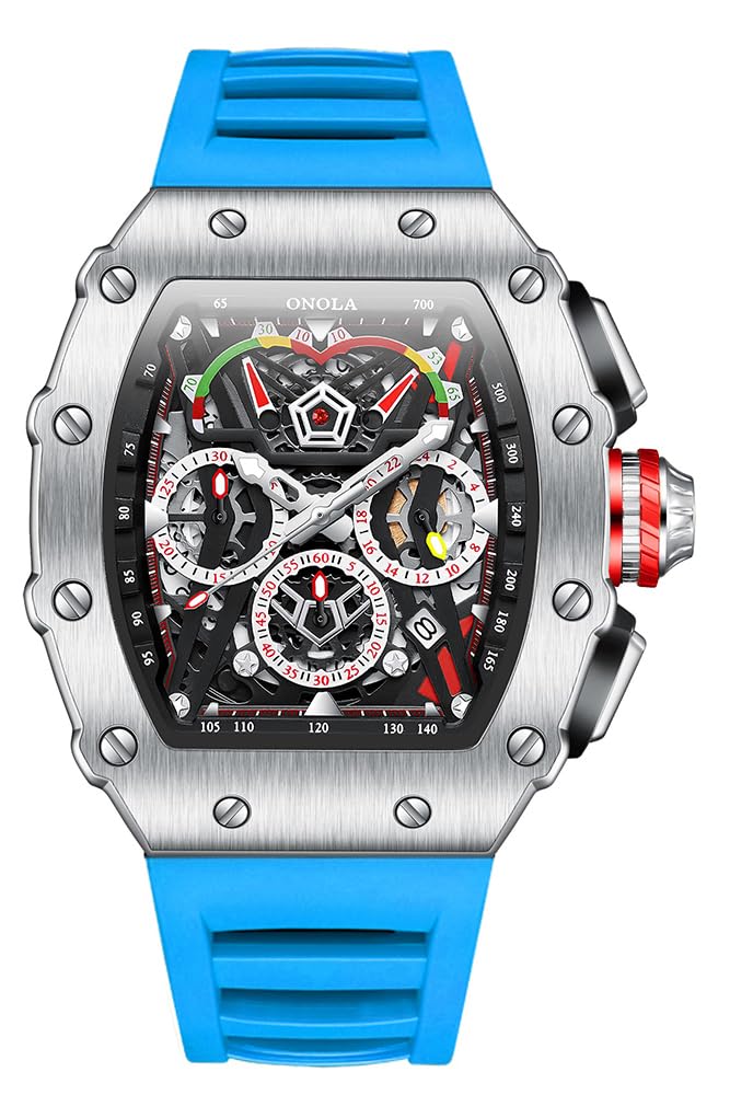 HOTFANMIS Fashion Hollowed Men Watches Tonneau Skeleton Dial Big Face 30M Water Resistant Chronograph Casual Watch with Silicone Strap Multifunctional Outdoor Sports Watch for Men’s