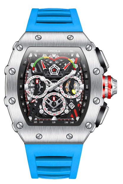 HOTFANMIS Fashion Hollowed Men Watches Tonneau Skeleton Dial Big Face 30M Water Resistant Chronograph Casual Watch with Silicone Strap Multifunctional Outdoor Sports Watch for Men’s