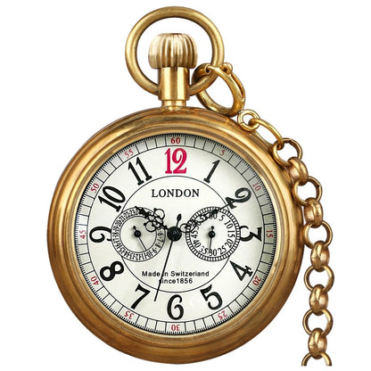HOTVIGOROSO Men's Vintage Full Copper Hand-Wind Mechanical Second&24hours Sub-dials Pocket Watch in Box