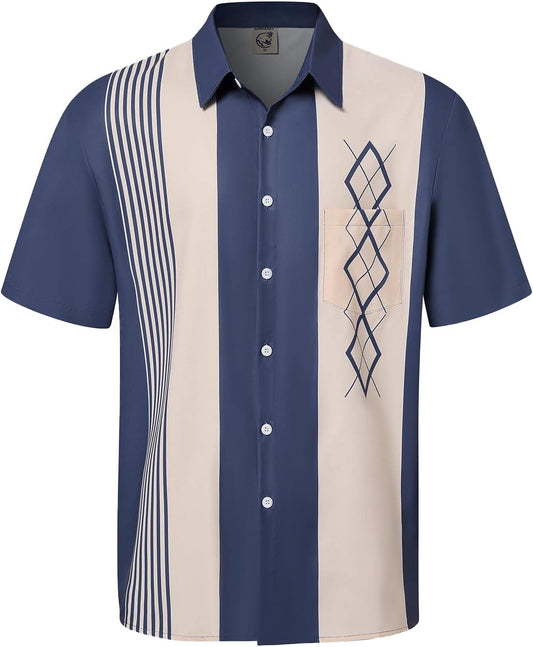 HOTHardaddy Men's Vintage Bowling Shirt Short Sleeve Button Down Hawaiian Summer Beach Printed Casual Shirts