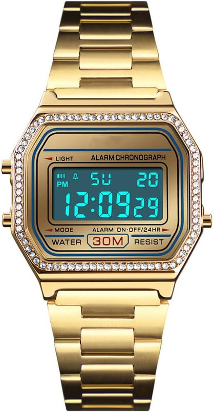 HOTPASOY Men's Digital Gold Stainless Steel Watch Backlit Multifunction Stopwatch Waterproof Sport Watches