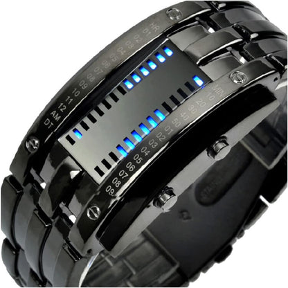 HOTReginald Fashion Mens Binary Sports Watch Digital LED Matrix Waterproof Outdoor Casual Black Bracelet Blue Backlit Men's Square Watch