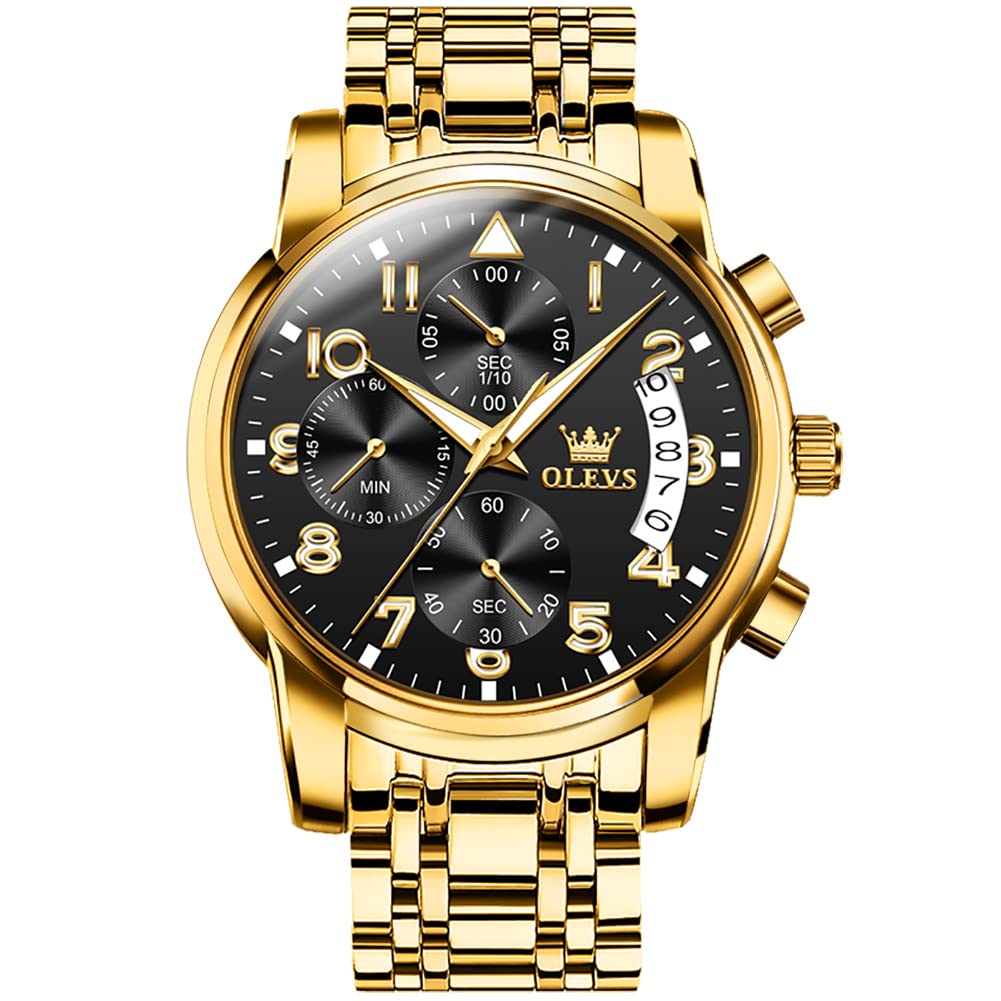 HOTOLEVS Men's Stainless Steel Chronograph Watch, Big Face Gold Silver Black Tone Easy to Read Analog Quartz Watch, Luxury Waterproof Date Diamond Roman Arabic Numerals Dial Dress Watch for Men