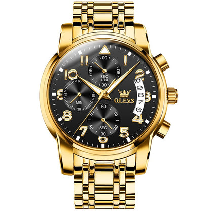 HOTOLEVS Men's Stainless Steel Chronograph Watch, Big Face Gold Silver Black Tone Easy to Read Analog Quartz Watch, Luxury Waterproof Date Diamond Roman Arabic Numerals Dial Dress Watch for Men