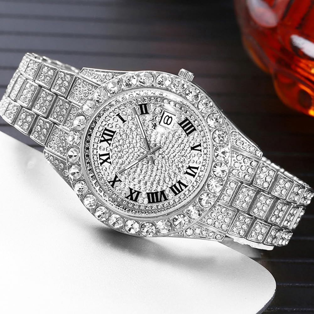 HOTHip Hop Watches for Men Iced-Out Bling Diamond Luxury Quartz Watches with Date