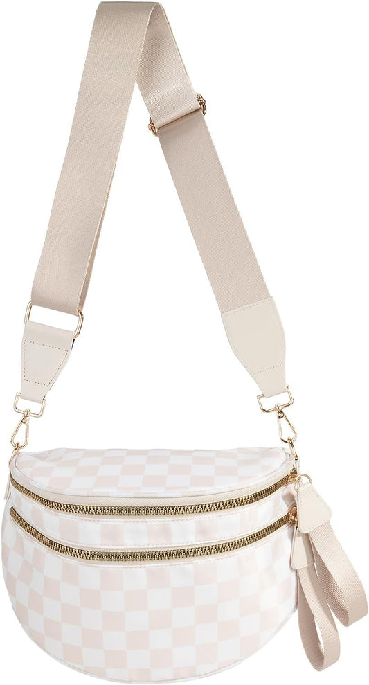 HOTBlack and White Checkered Crossbody Bag Bum Bag for Women,Spacious Checkered Purse Fanny Packs Belt Bag