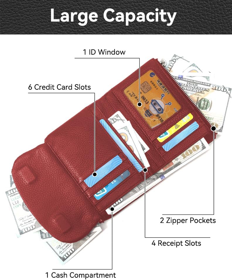 HOTWallet for Women [Genuine Leather] [Magnetic Closure], Large Capacity Female Ladies Bifold Wallet Card Holder, ID Window, Zipper Coin Pockets (Burgundy)
