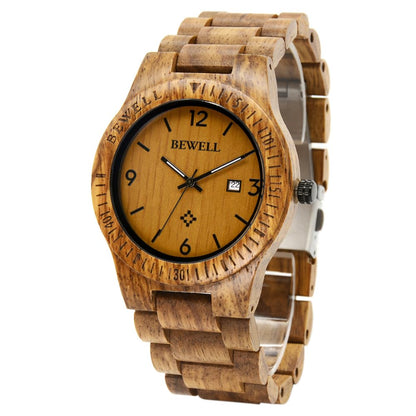 HOTBEWELL ZS-W086B Wooden Watch Men Gifts Handmade Date Display Quartz Movement Analog Lightweight Wood Wrist Watches