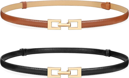 HOTWERFORU 2 Pack Women Skinny Belt Thin Waist Belt for Pants Leather Belt with Gold Buckle for Jeans Dress,0.6" width