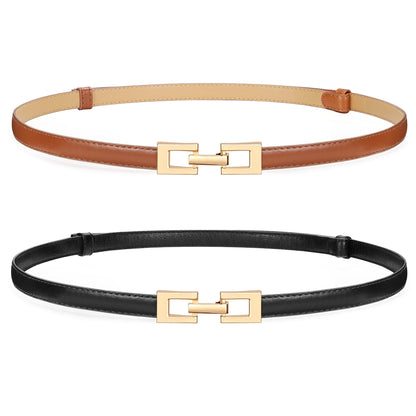 HOTWERFORU 2 Pack Women Skinny Belt Thin Waist Belt for Pants Leather Belt with Gold Buckle for Jeans Dress,0.6" width