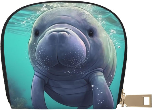 HOTLeather Credit Card Holder for Women Men Wallet Mini Coin Purse Pouch Cute Sea Animal Manatee Change Purse With Zipper Business Card Case