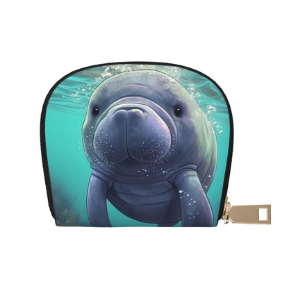 HOTLeather Credit Card Holder for Women Men Wallet Mini Coin Purse Pouch Cute Sea Animal Manatee Change Purse With Zipper Business Card Case