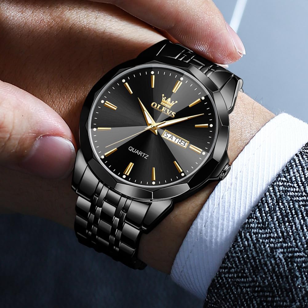 HOTOLEVS Watch for Men Diamond Business Dress Analog Quartz Stainless Steel Waterproof Luminous Date Two Tone Luxury Casual Wrist Watch Blue