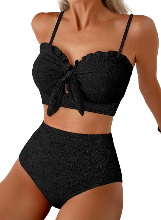 HOTHerseas Women's Seashell Textured Bikini Sets Knotted Front 2 Piece Swimsuits Ruffle Trim Bathing Suits