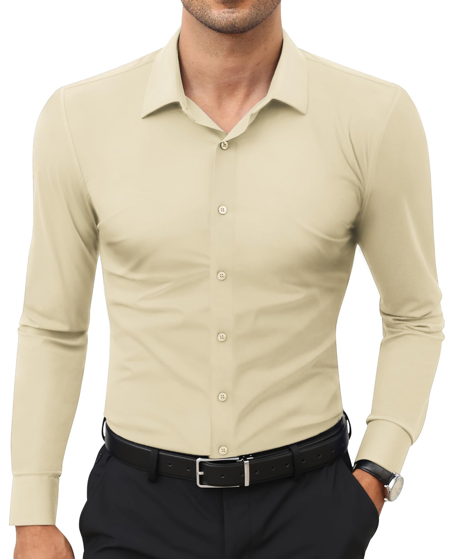 HOTLion Nardo Stretch Mens Dress Shirts Long Sleeve Slim Fit Dress Shirts for Men Muscle Fit Wrinkle Free Button Down Shirt