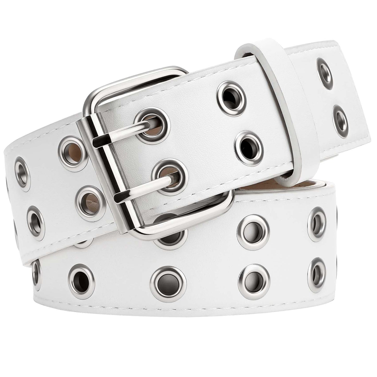 HOTXZQTIVE Double Grommet PU Leather Belt for Women Men Punk metal Jean Belt Wide 1.5 Inch