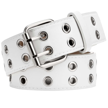 HOTXZQTIVE Double Grommet PU Leather Belt for Women Men Punk metal Jean Belt Wide 1.5 Inch