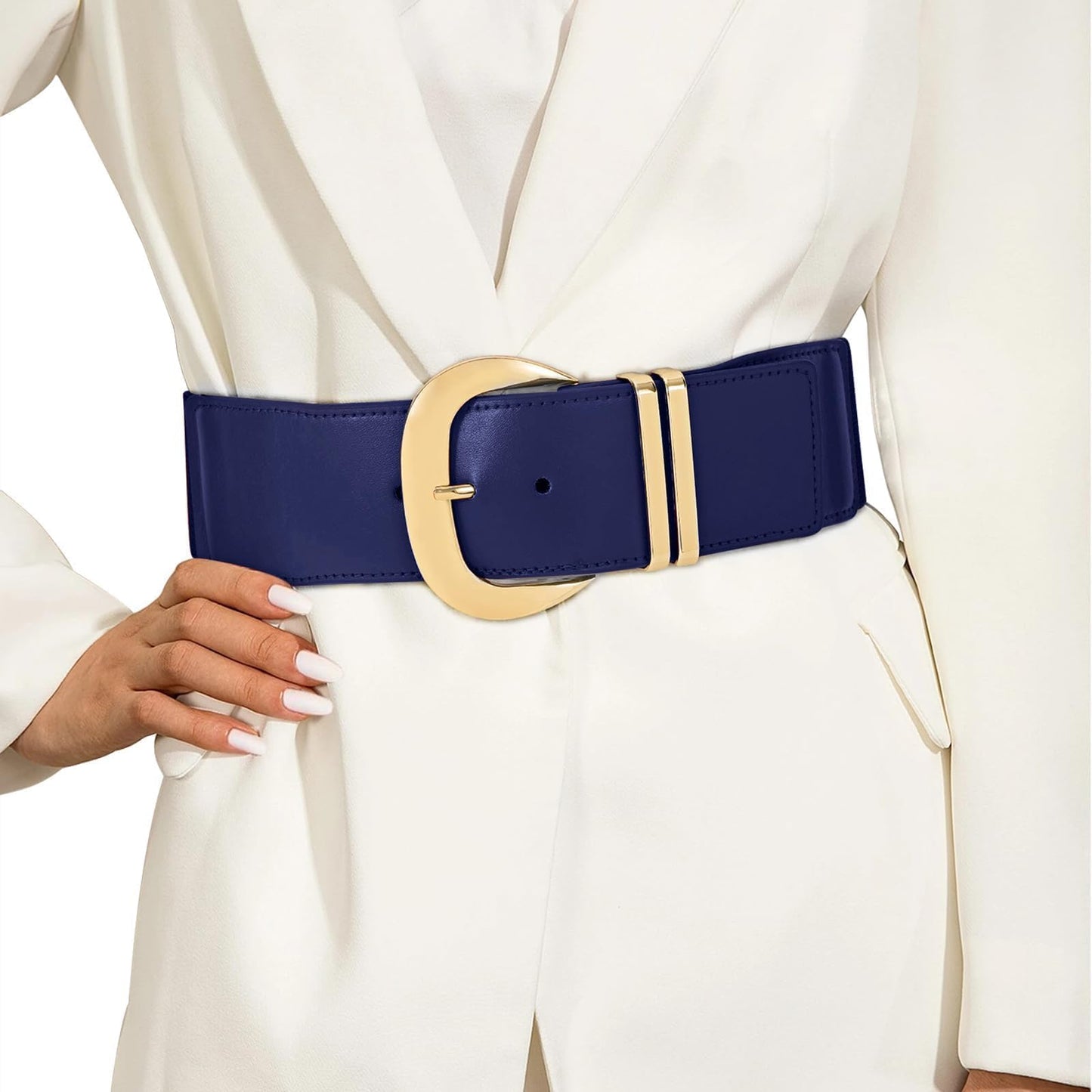 HOTWHIPPY Women Wide Elastic Waist Belt for Dresses Fashion Gold Buckle Stretchy Leather Waistband for Ladies