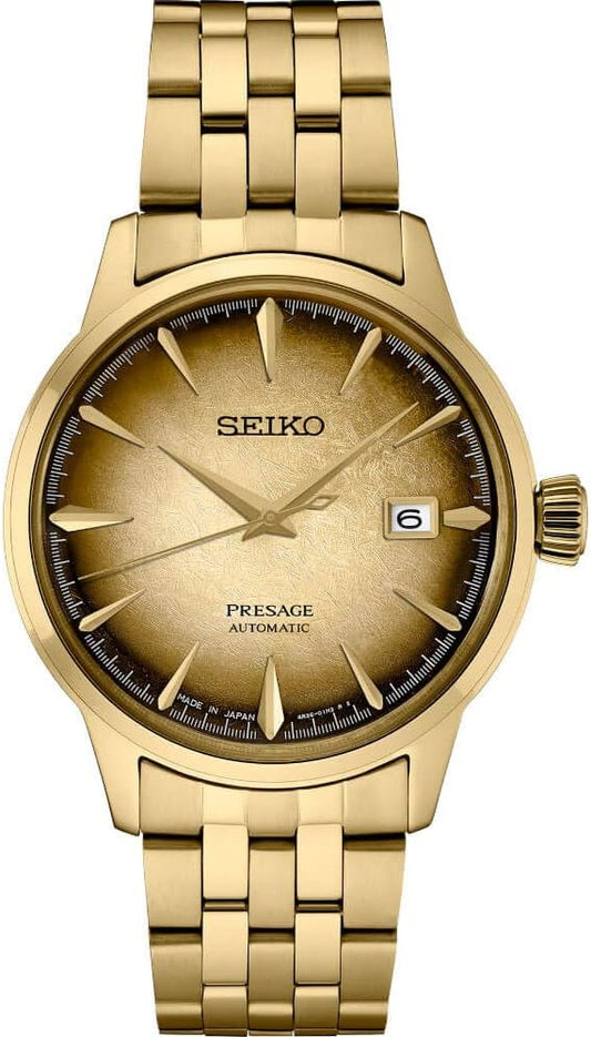 HOTSEIKO Automatic Watch for Men - Presage Cocktail Time - Patterned Dial | Gloss Finish, Date Calendar, Stainless Steel, Water-Resistant 50M, 41-Hour Reserve Power, See-Through Caseback