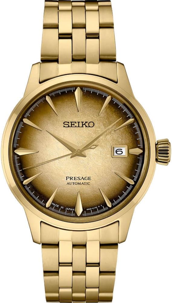 HOTSEIKO Automatic Watch for Men - Presage Cocktail Time - Patterned Dial | Gloss Finish, Date Calendar, Stainless Steel, Water-Resistant 50M, 41-Hour Reserve Power, See-Through Caseback