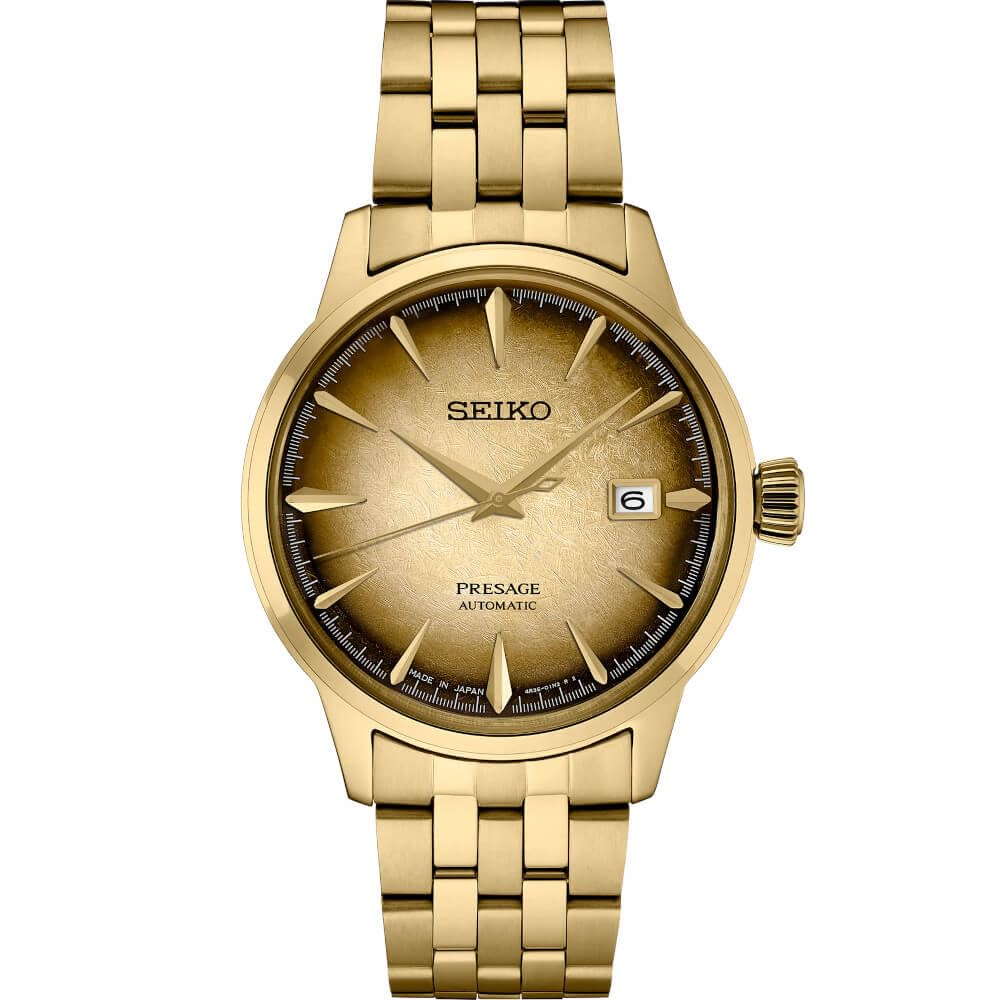 HOTSEIKO Automatic Watch for Men - Presage Cocktail Time - Patterned Dial | Gloss Finish, Date Calendar, Stainless Steel, Water-Resistant 50M, 41-Hour Reserve Power, See-Through Caseback