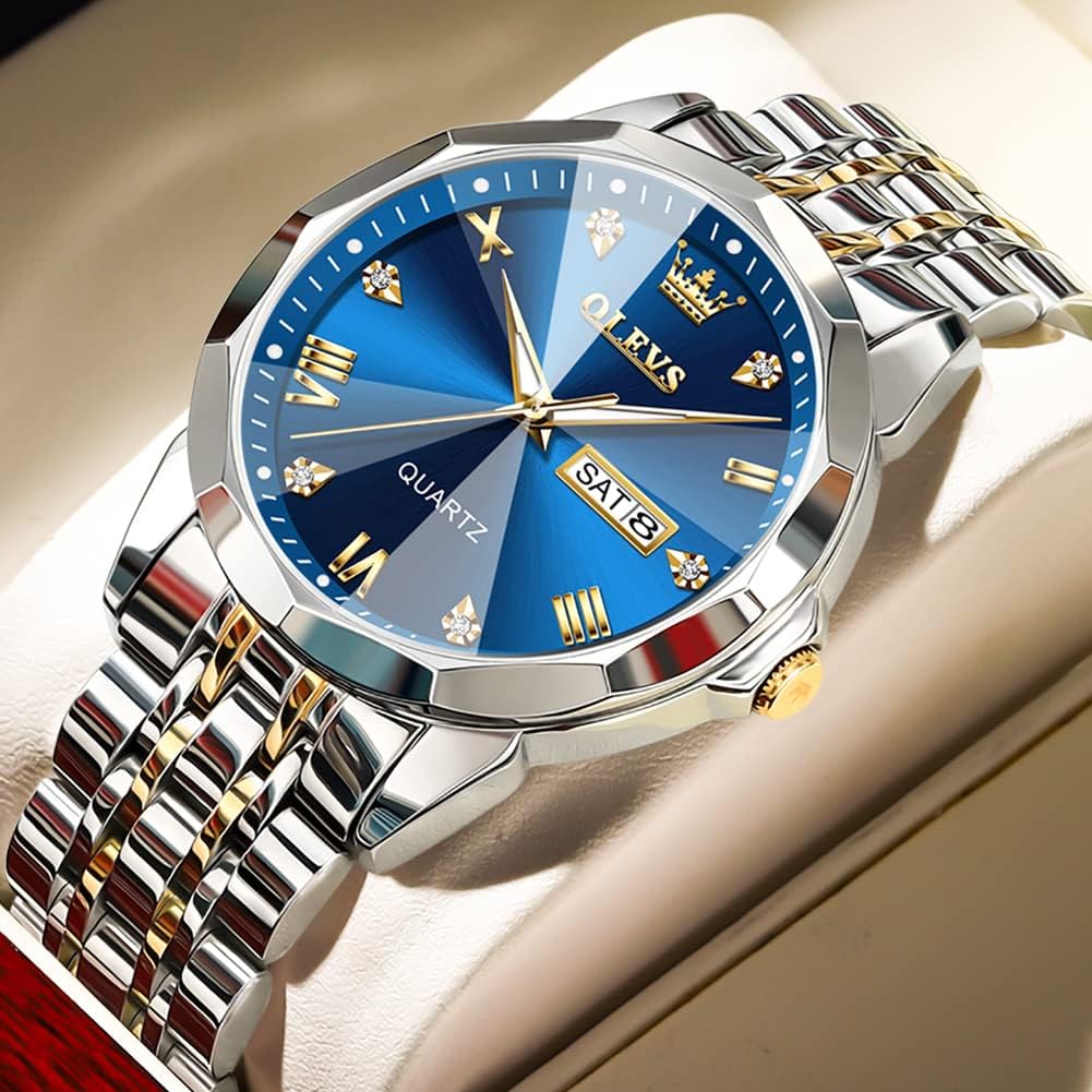 HOTOLEVS Watch for Men Diamond Business Dress Analog Quartz Stainless Steel Waterproof Luminous Date Two Tone Luxury Casual Wrist Watch Blue