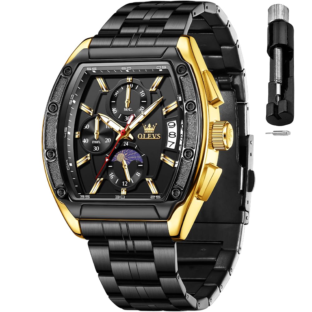 HOTOLEVS Mens Watches Analog Quartz Chronograph Square Dress Watch for Man Stainless Steel or Leather Band Waterproof Luminous Date Male Watch