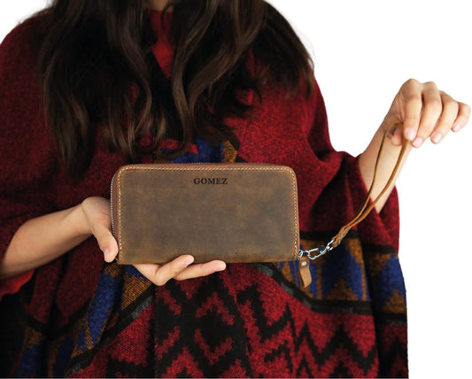 HOTCustom Women Leather Wallet Personalized Engraved Clutch with Zipper Handmade Crazy Horse Leather Purse (Brown)