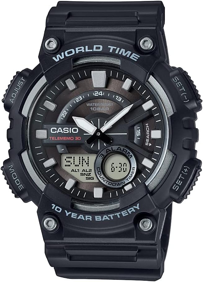 HOTCasio AEQ110BW Series | Men’s Analog-Digital Watch |100M WR | Multi Alarms | 100 SEC Stopwatch | Countdown Timer | World Map for World Time | LED Light | LC Display | 10 Year Battery