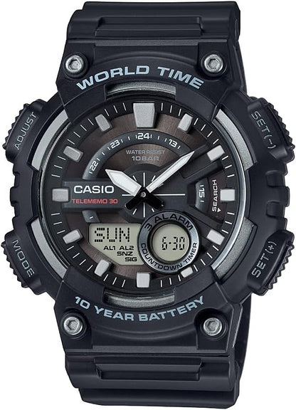 HOTCasio AEQ110BW Series | Men’s Analog-Digital Watch |100M WR | Multi Alarms | 100 SEC Stopwatch | Countdown Timer | World Map for World Time | LED Light | LC Display | 10 Year Battery