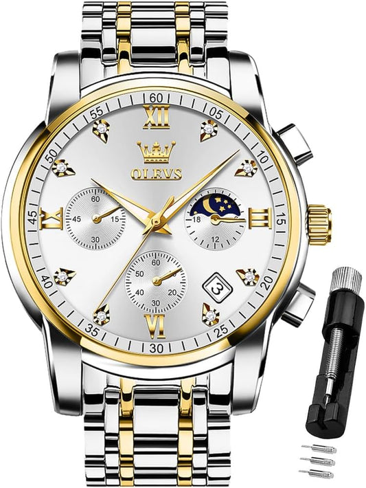 HOTOLEVS Watch for Men Diamond Business Dress Analog Quartz Stainless Steel Waterproof Luminous Date Two Tone Luxury Casual Wrist Watch Blue