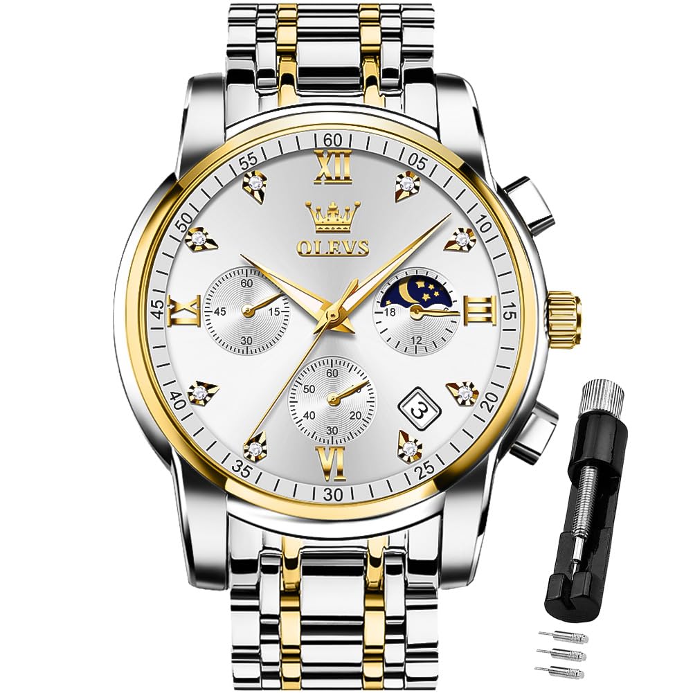 HOTOLEVS Watch for Men Diamond Business Dress Analog Quartz Stainless Steel Waterproof Luminous Date Two Tone Luxury Casual Wrist Watch Blue