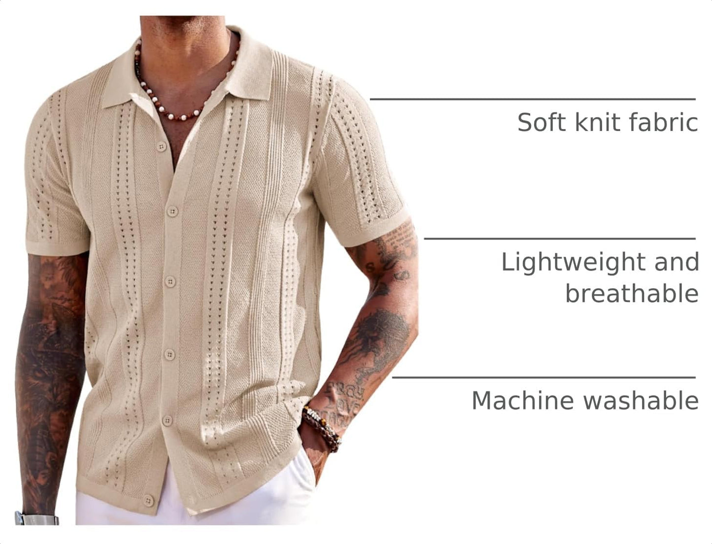 HOTCOOFANDY Men's Knit Shirts Short Sleeve Button Down Polo Shirt Fashion Casual Summer Beach Shirts