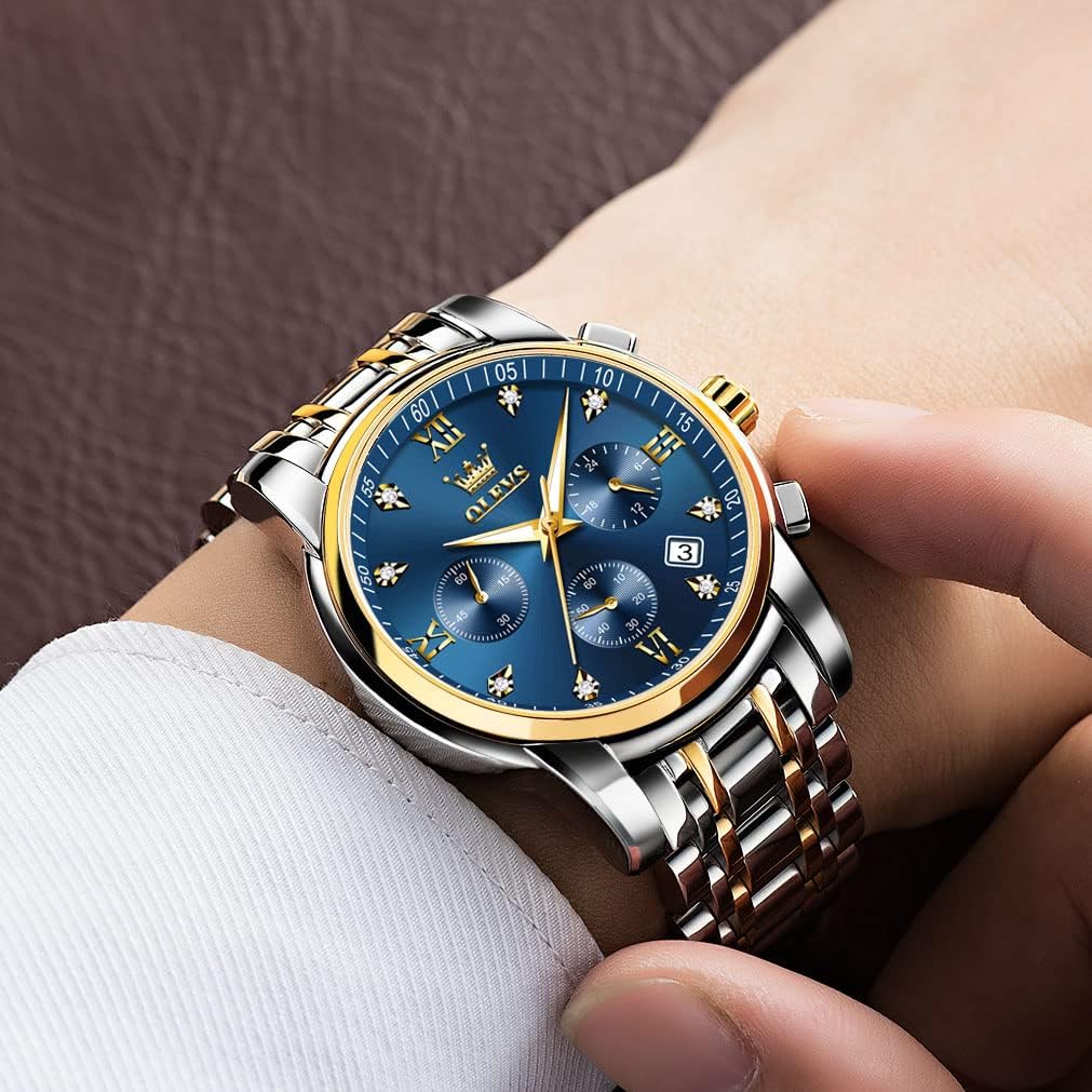 HOTOLEVS Men's Stainless Steel Chronograph Watch, Big Face Gold Silver Black Tone Easy to Read Analog Quartz Watch, Luxury Waterproof Date Diamond Roman Arabic Numerals Dial Dress Watch for Men