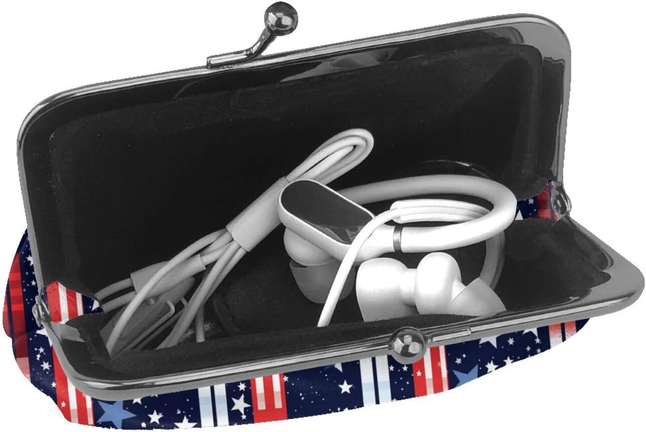 HOTRed White Blue Stars and Stripes American Flag Leather Coin Purse Compact Pouch Card Holder Wallet for Women Daily Use Travel Gifts