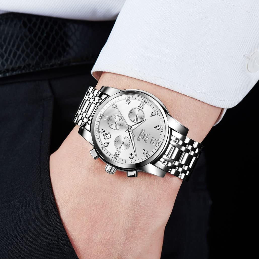 HOTOLEVS Men's Stainless Steel Chronograph Watch, Big Face Gold Silver Black Tone Easy to Read Analog Quartz Watch, Luxury Waterproof Date Diamond Roman Arabic Numerals Dial Dress Watch for Men