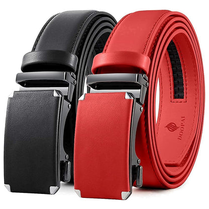 HOTDOOPAI Men's 2 Pack Ratchet Dress Belt - Adjustable 1 3/8" Genuine Leather, Size Length Can Be Cut, With Gift Box