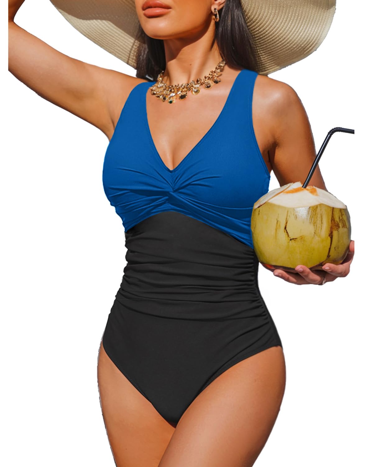 HOTWomen's Tummy Control One Piece Swimsuit Push Up Full Coverage Bathing Suit | V-Neck Twist Front, Low-Back Design, Adjustable Straps, Removable Pads, Full Coverage, Long-Torso Fit, Beach and Pool Days