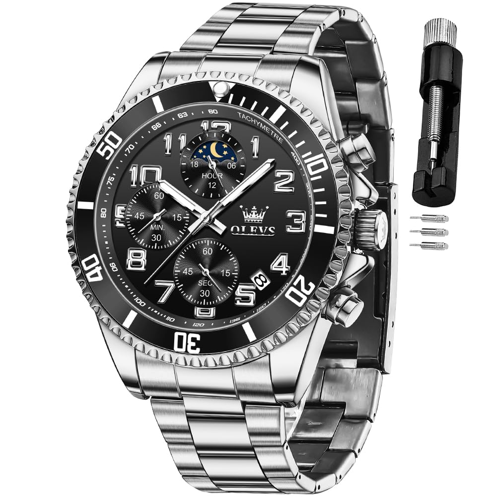 HOTOLEVS Mens Watches Chronograph Luxury Dress Moon Phase Two Tone Stainless Steel Waterproof Luminous Business Calendar Wrist Watch