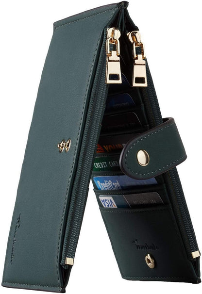 HOTTravelambo Womens Leather Bifold Wallet, Slim RFID Blocking Card Holder | Large Capacity, 16 Card Slots & ID Window, 2 Zipper Pockets, Dual Snap Closure, Slim Lightweight, RFID Privacy Protection